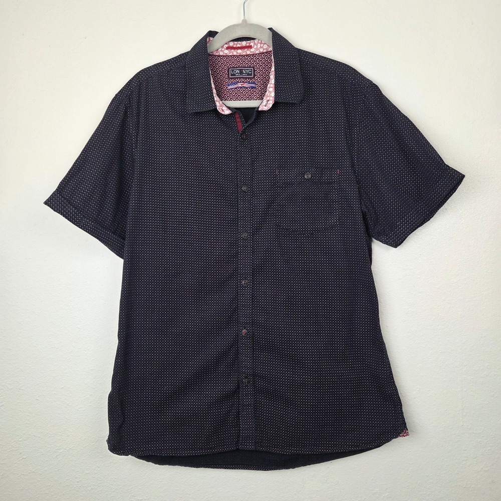 LON NYC Button Down Mens XL‎ Black Polka Dot Short Sleeve Across The Pond Cotton